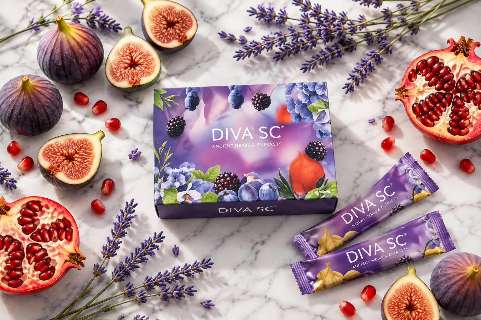 Diva SC box and sachets on marble with fruit and lavender